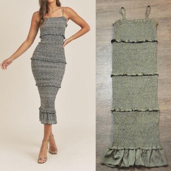 MARBLE Dresses & Skirts - MABLE • Olive Green Smocked Fitted Dress